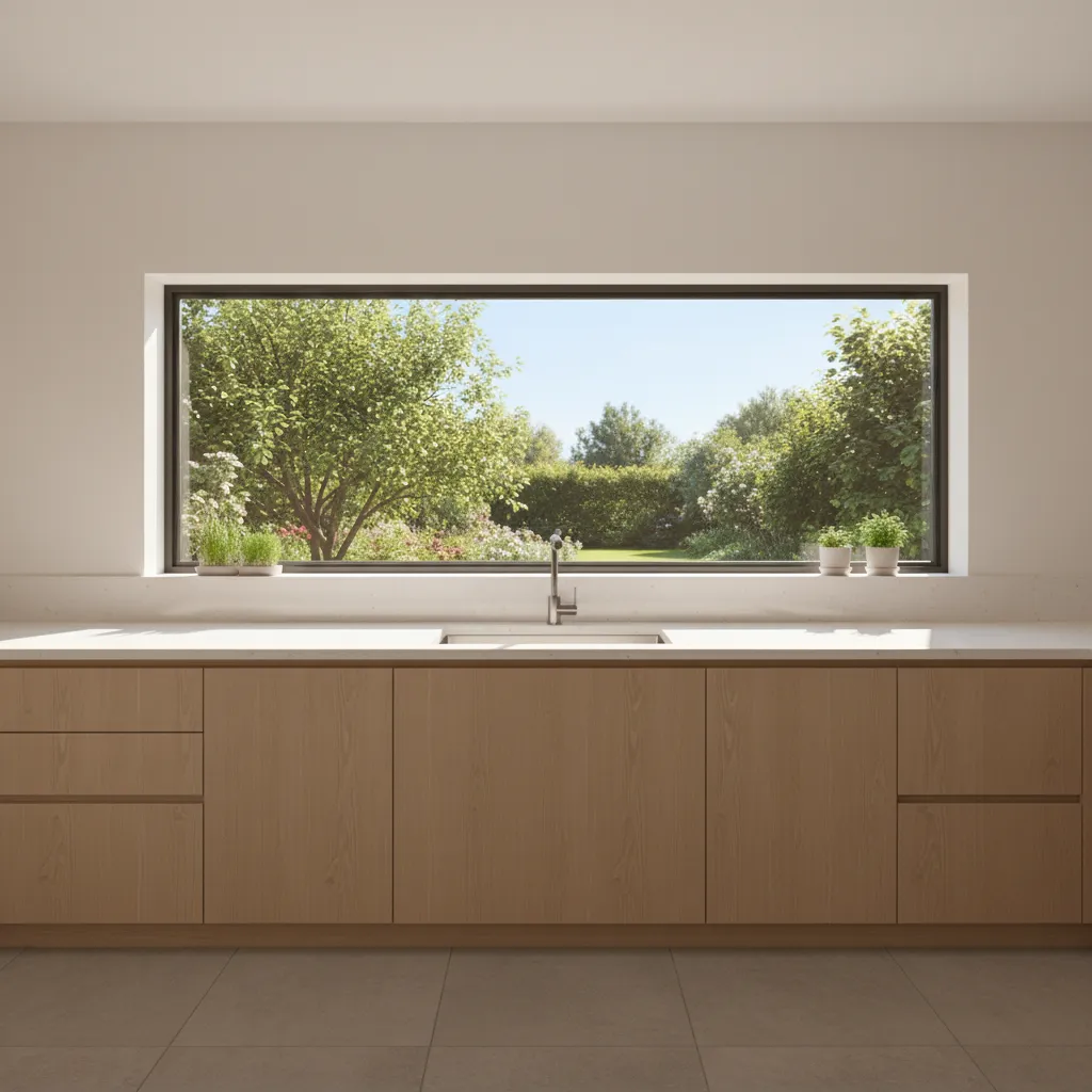 kitchen with wide horizontal window above sink maximizing morning sunlight