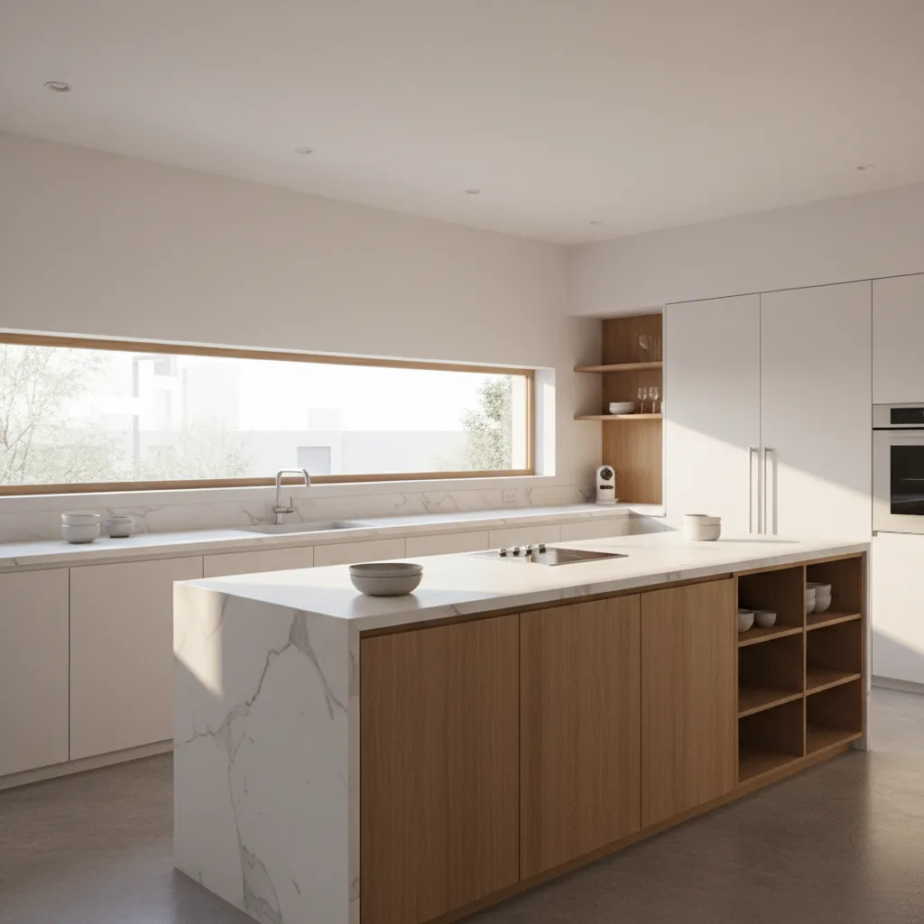 Wide horizontal kitchen window allowing morning sunlight across countertops