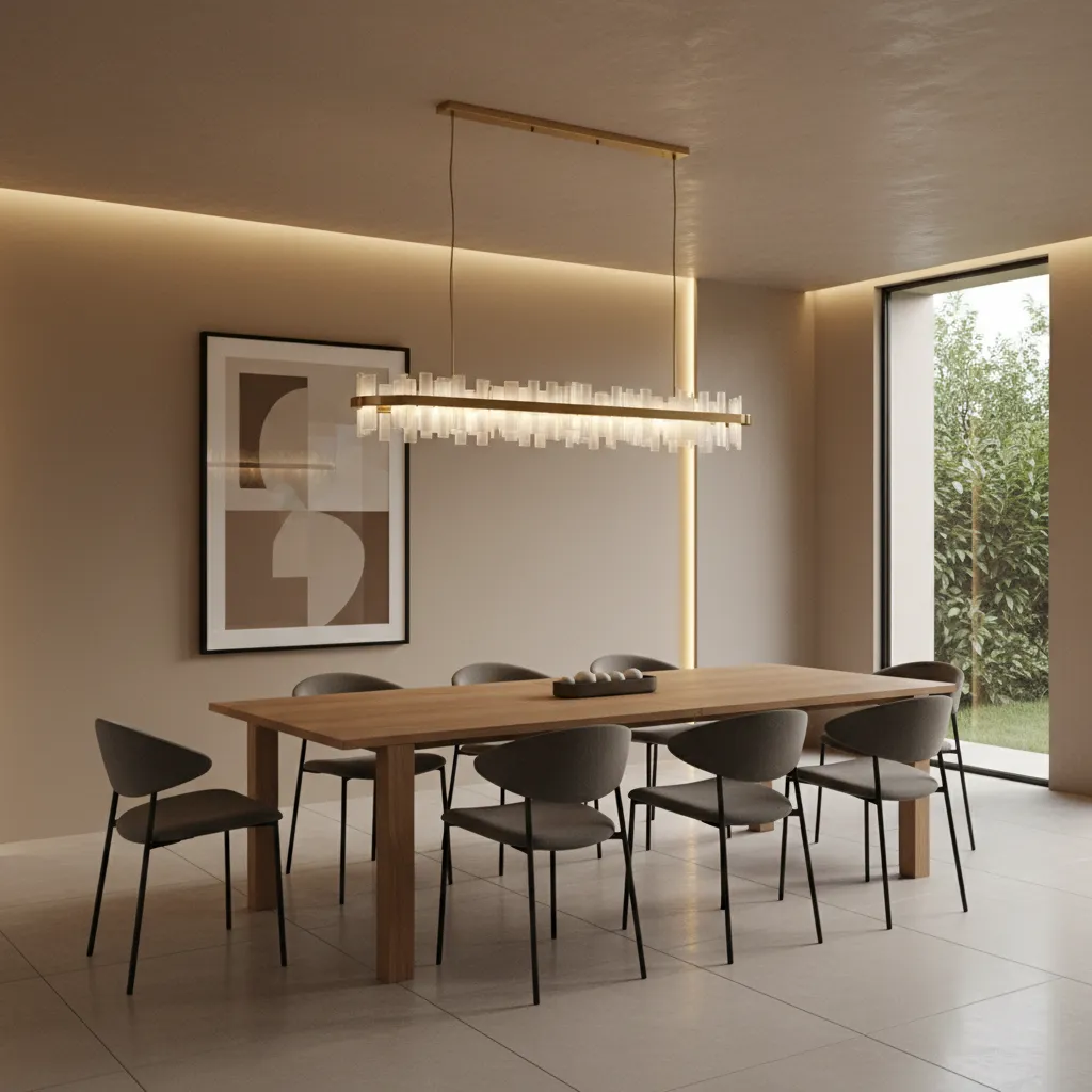 Linear chandelier above dining table in low ceiling modern dining room