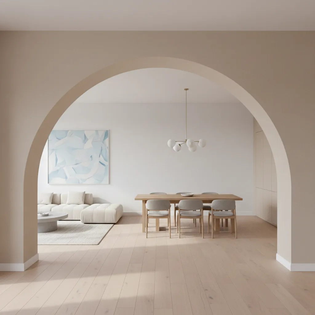 Large wall arch framing bright living room with white sofa blue art and dining table