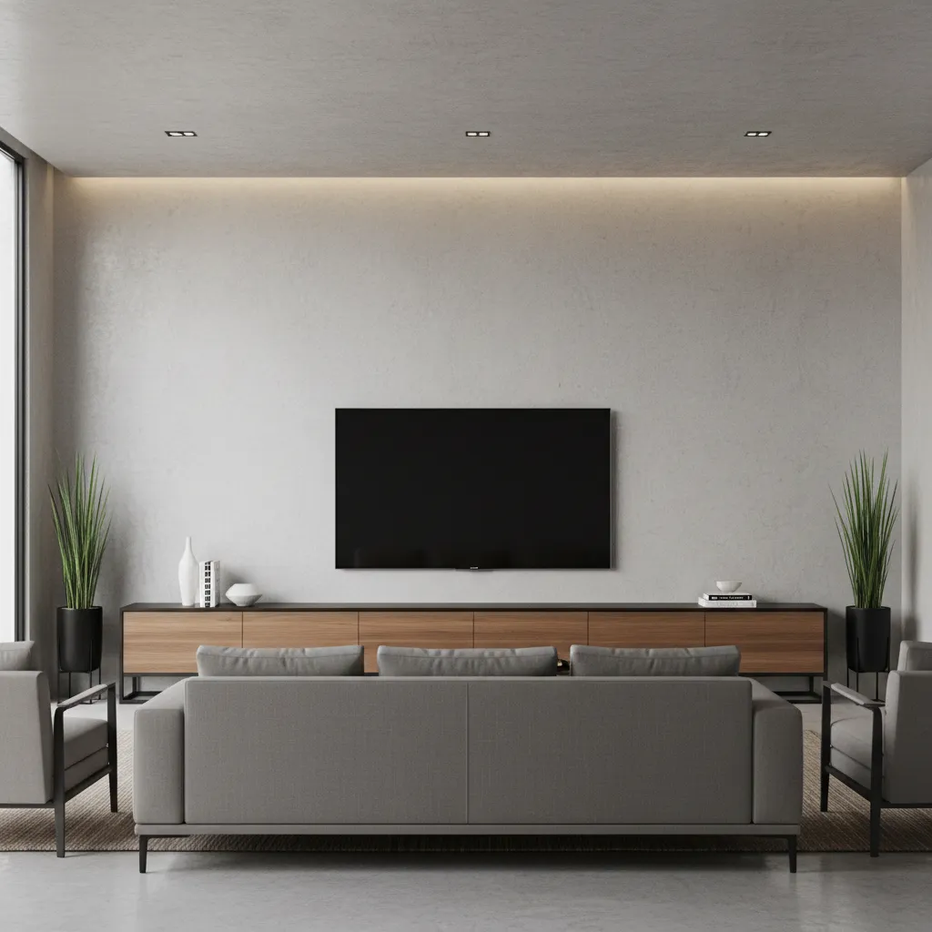 Wide low profile modern TV console under large television