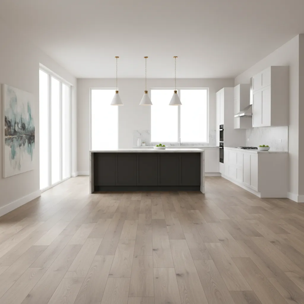 Wide plank wood look vinyl flooring layout in contemporary kitchen