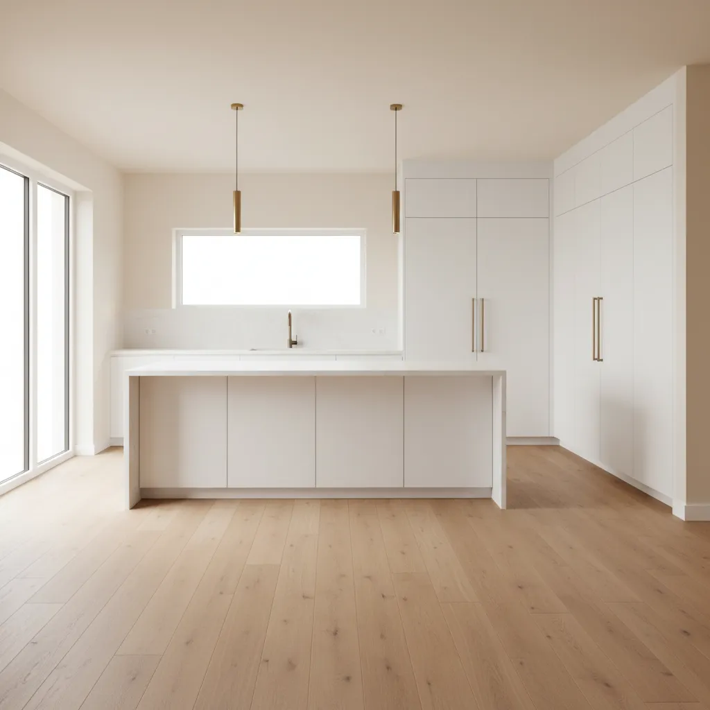 Wide plank wood flooring installed in modern white kitchen