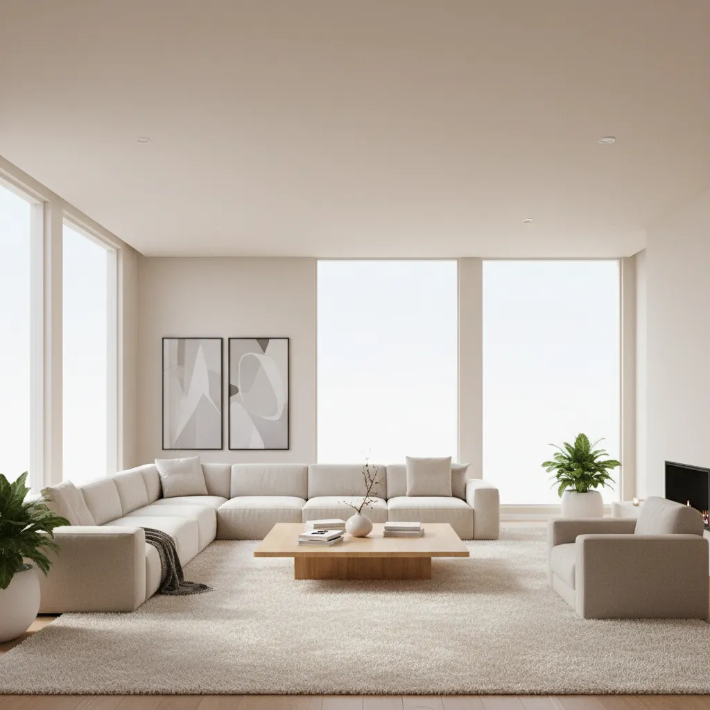 large rug anchoring furniture in rectangular living room layout