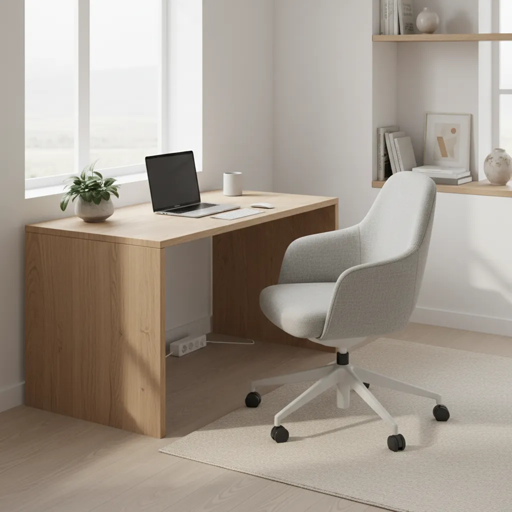 Wide seat office chair positioned at desk in spacious workspace