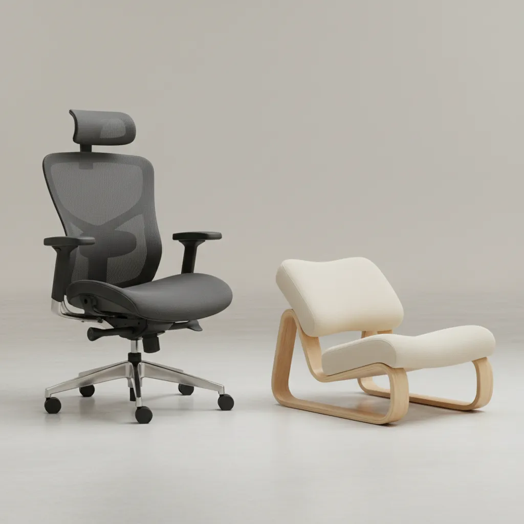 Visual comparison between wide seat office chair and kneeling chair ergonomics