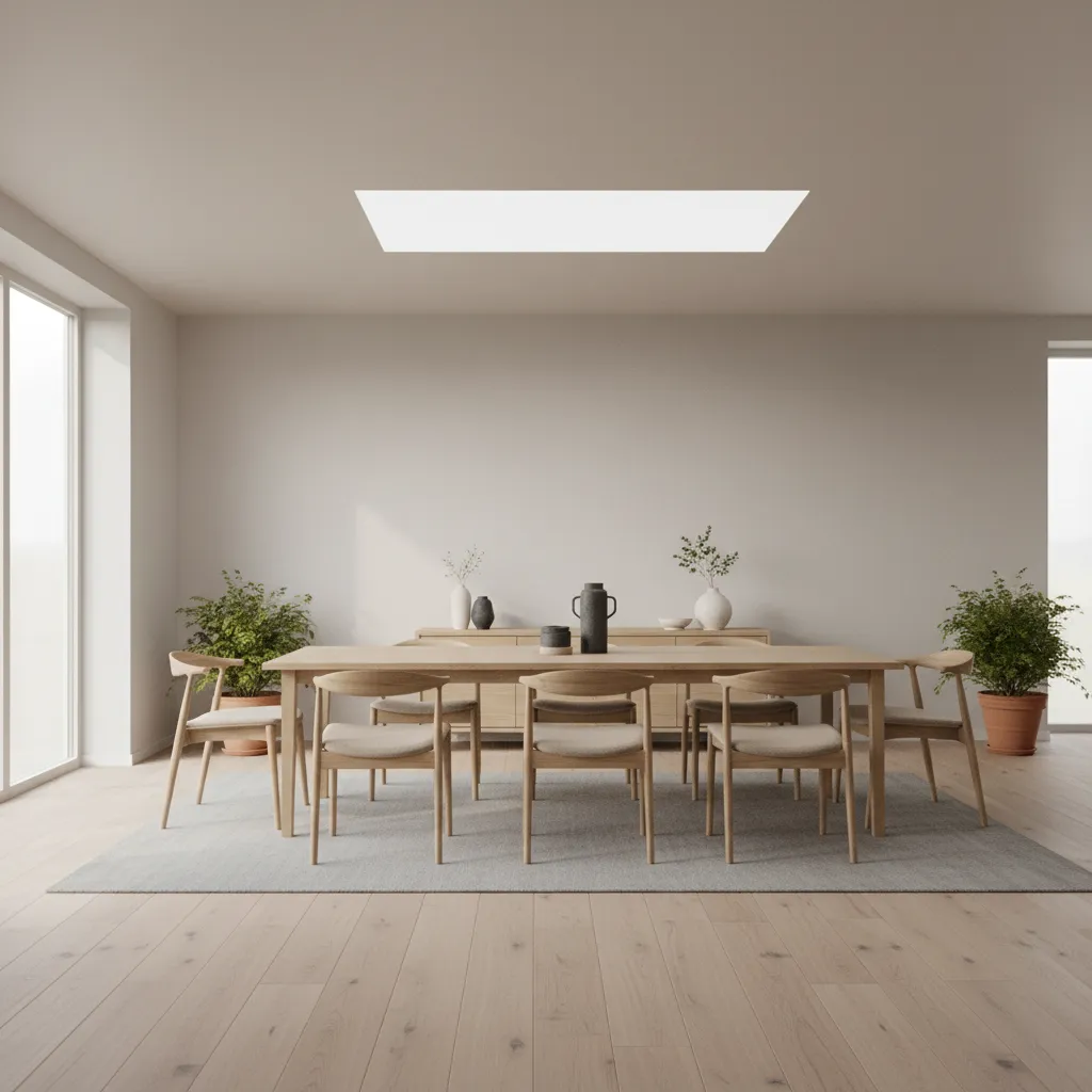 Wide shallow ceiling light fixture in a modern low ceiling dining room