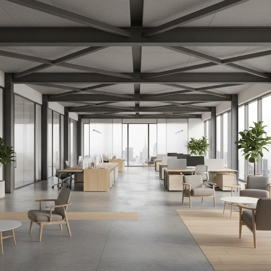Wide span office interior with minimal columns and large structural beams