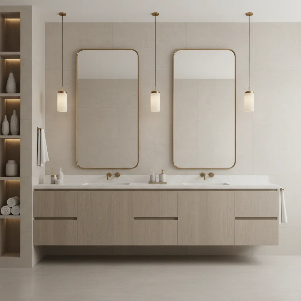 Wide bathroom vanity showing proper spacing between pendant lights and mirrors