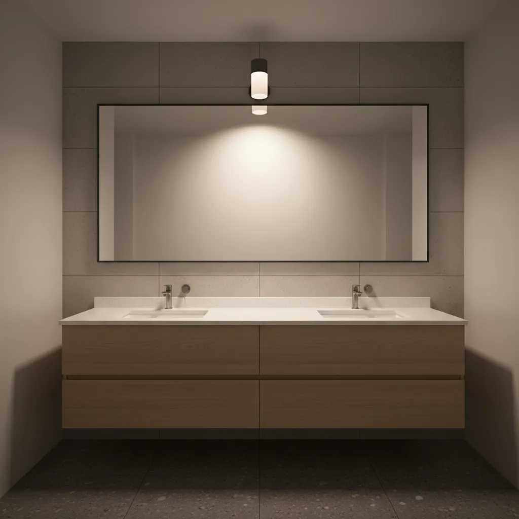 wide bathroom vanity showing bright center and darker edges due to single light fixture