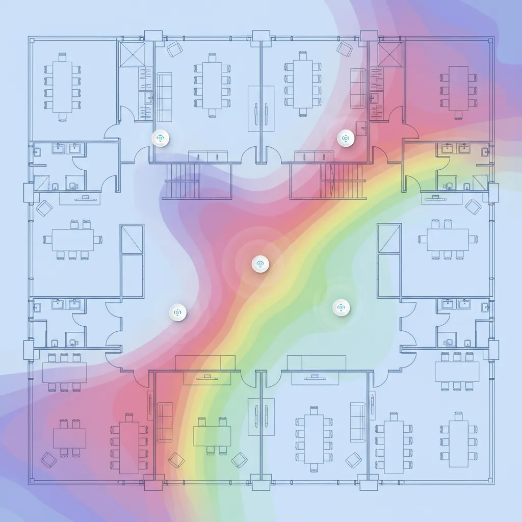 WiFi coverage heatmap overlay on building floor plan showing wireless signal distribution