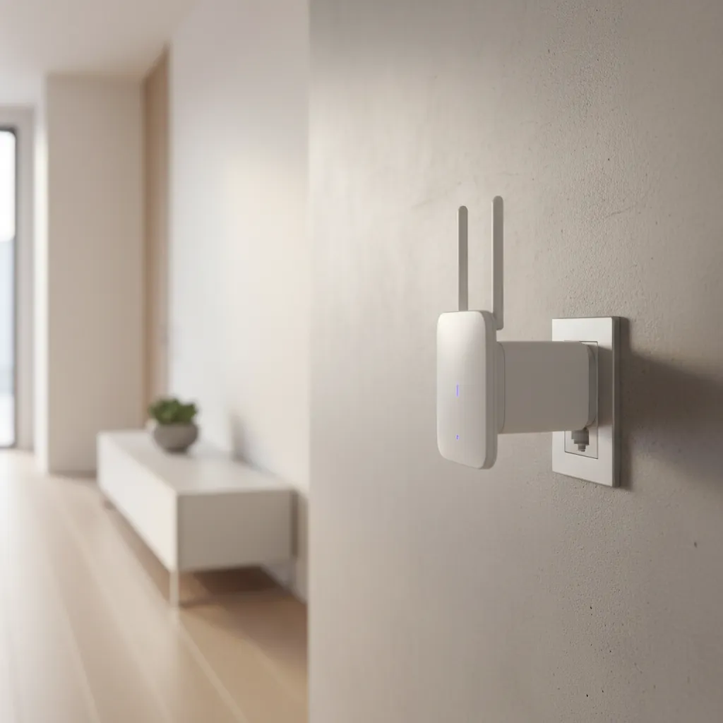 Repetidor WiFi instalado en una pared para ampliar la señal de internet