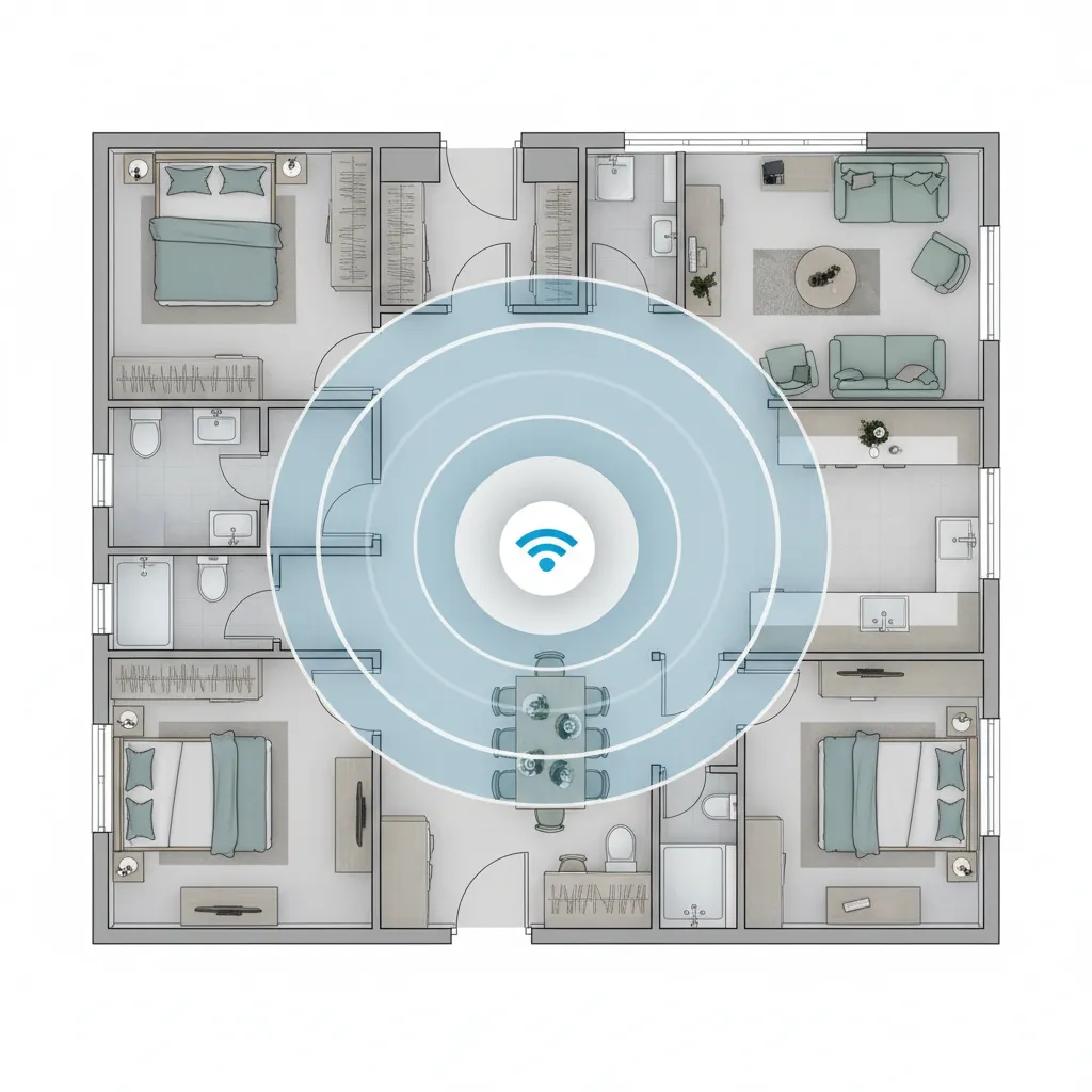 Plano de una vivienda mostrando distribución de señal WiFi desde el router