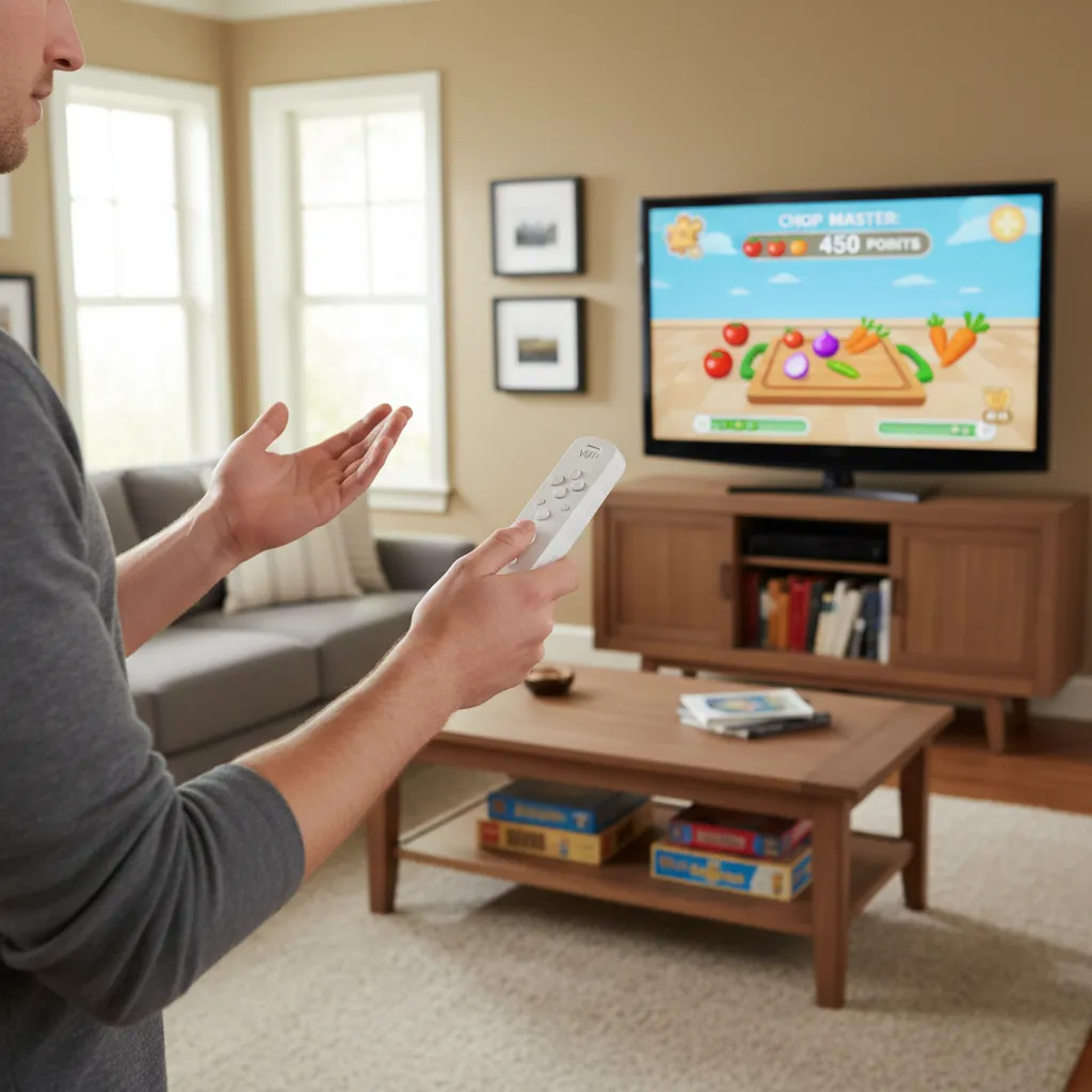 Player using Wii Remote motion controls to perform chopping gesture in a cooking game