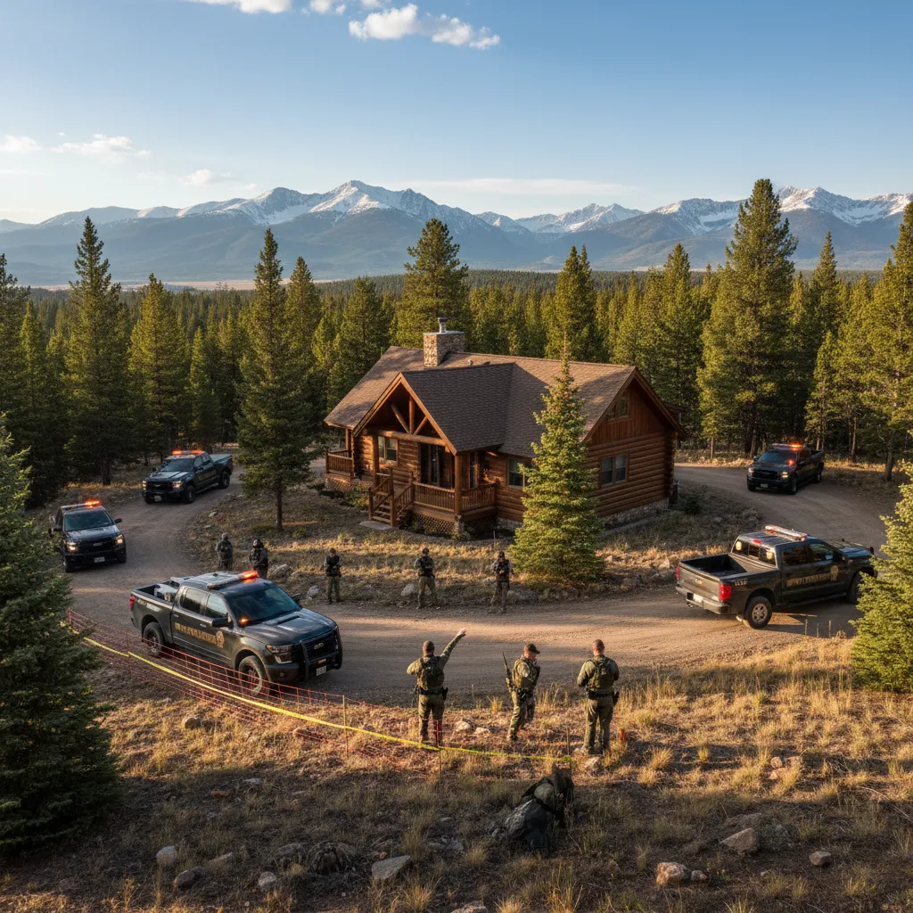 Log cabin home in mountains surrounded by black trucks and many officers wearing green uniforms