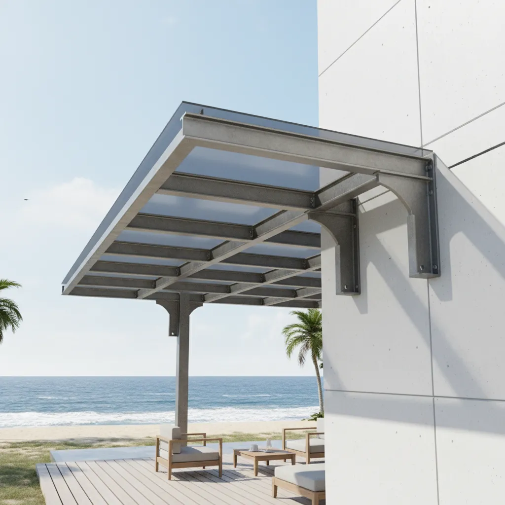 Reinforced patio awning with strong aluminum frame designed for windy climates