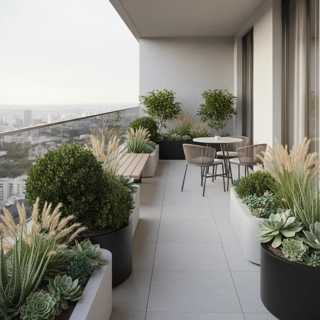 Balcony containers showing shrubs grasses and succulents comparison