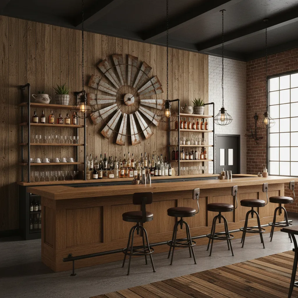 Large metal windmill wall decor installed behind rustic restaurant bar