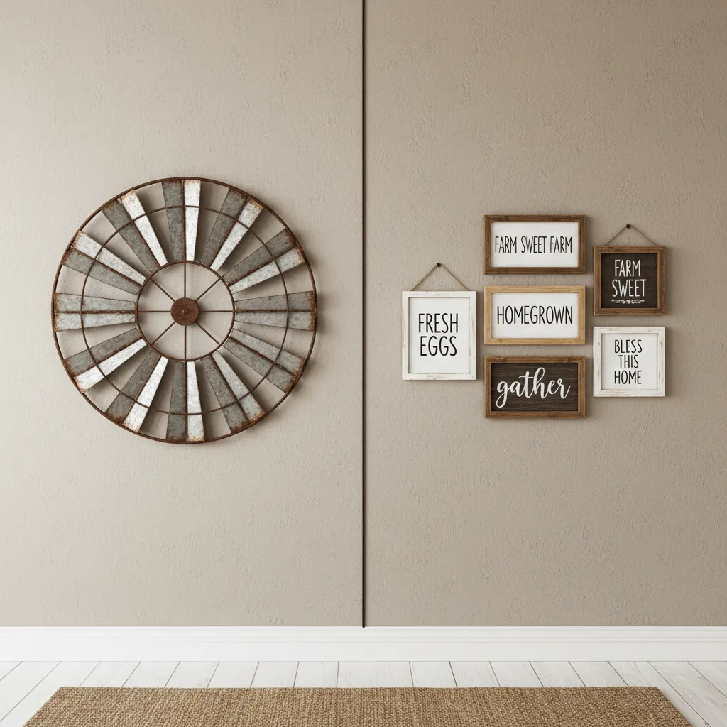 Interior wall showing scale comparison between windmill decor and small farmhouse frames