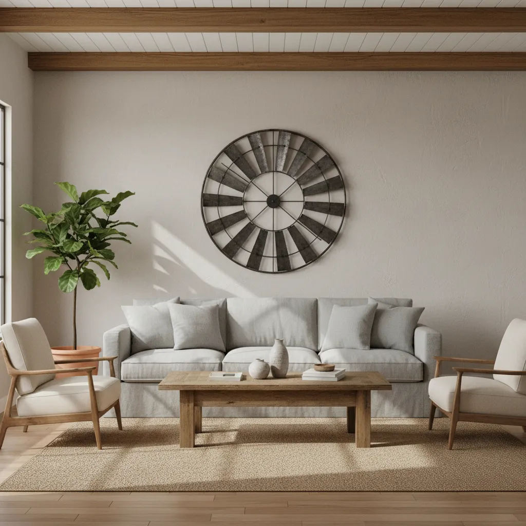 Living room with grey sofa wooden coffee table large windmill wall decor and green plant