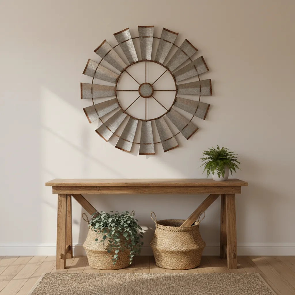 Large windmill wall decor centered above entryway console table