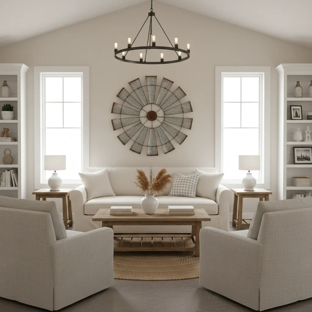 Living room with metal windmill wall decor behind white sofa and black circular ceiling light