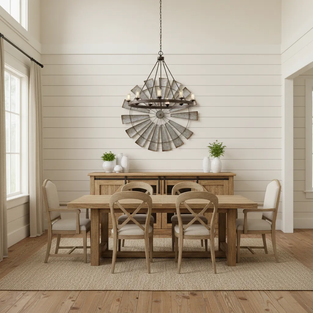 Farmhouse dining room with metal windmill wall decor above buffet