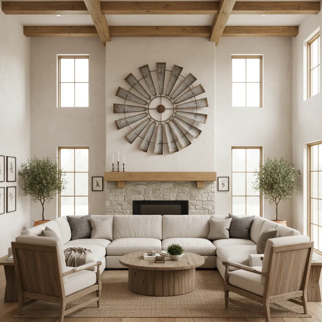 Farmhouse living room with large metal windmill wall decor above couch