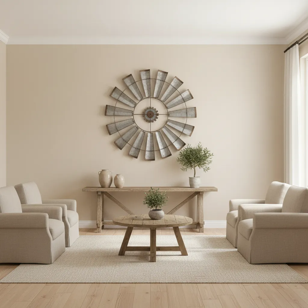 Large windmill wall art displayed on a spacious feature wall
