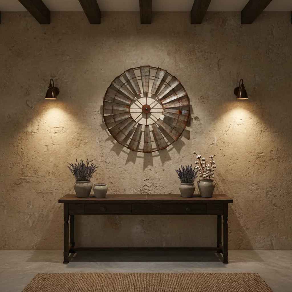 Directional lighting highlighting texture of metal windmill wall decor