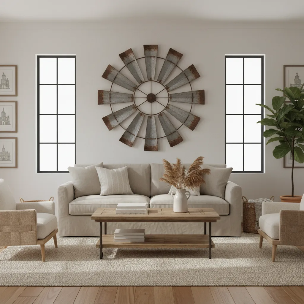 Large windmill metal wall decor placed above a sofa demonstrating proper scale