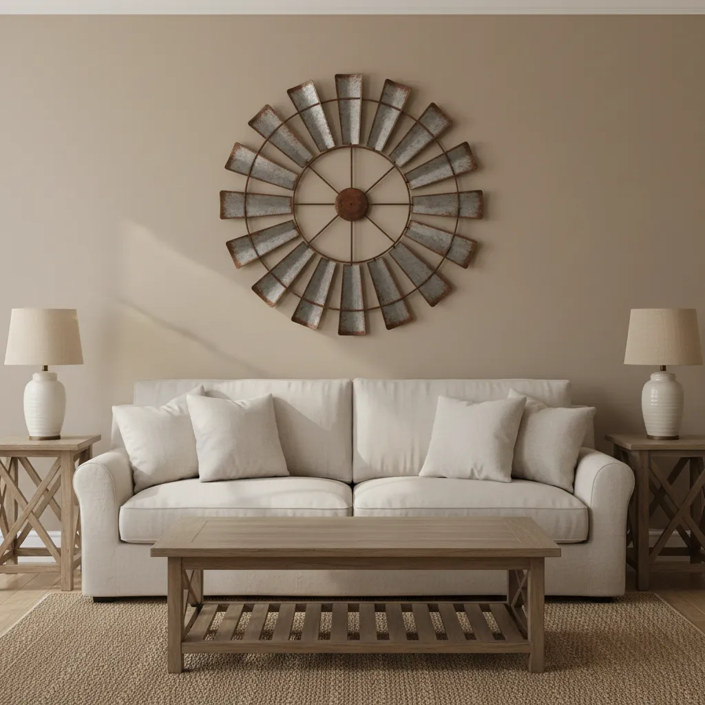 Symmetric living room with beige sofa wooden coffee table and large windmill decor on wall