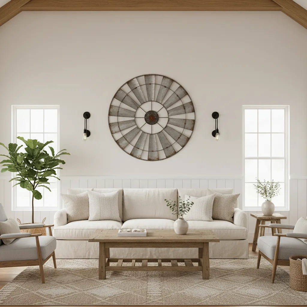 Large windmill wall decor above a sofa showing balanced wall scale