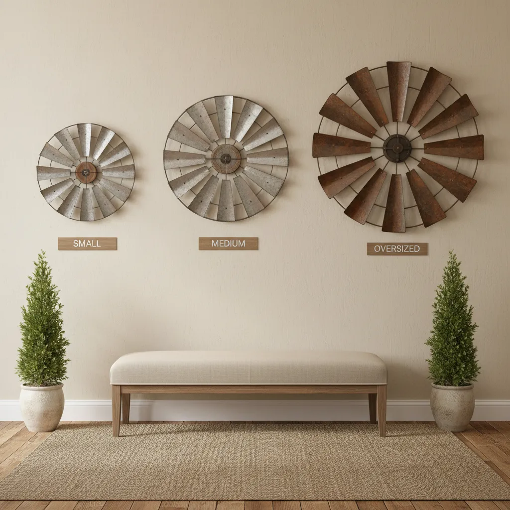 Comparison of small medium and oversized windmill wall decorations hanging above a beige indoor bench
