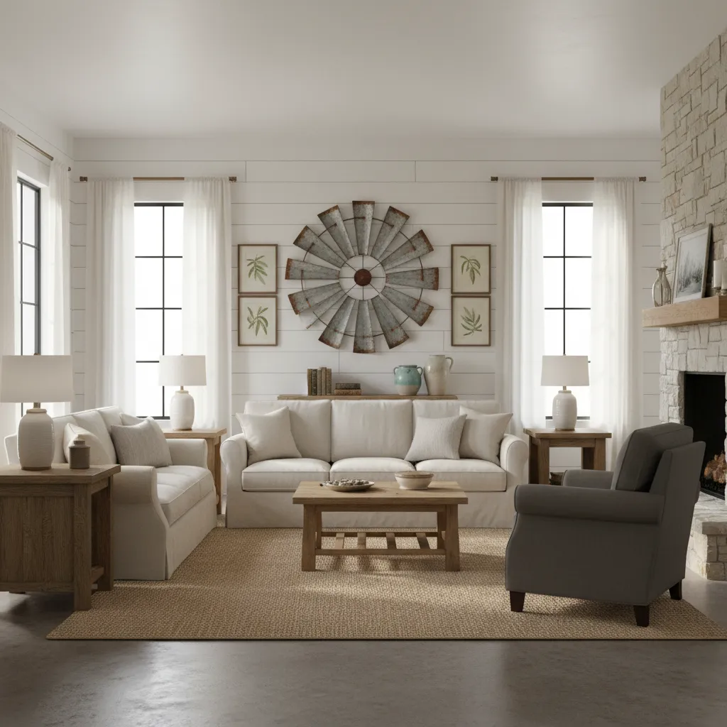 Farmhouse living room featuring large metal windmill wall decor above white sofa and stone fireplace