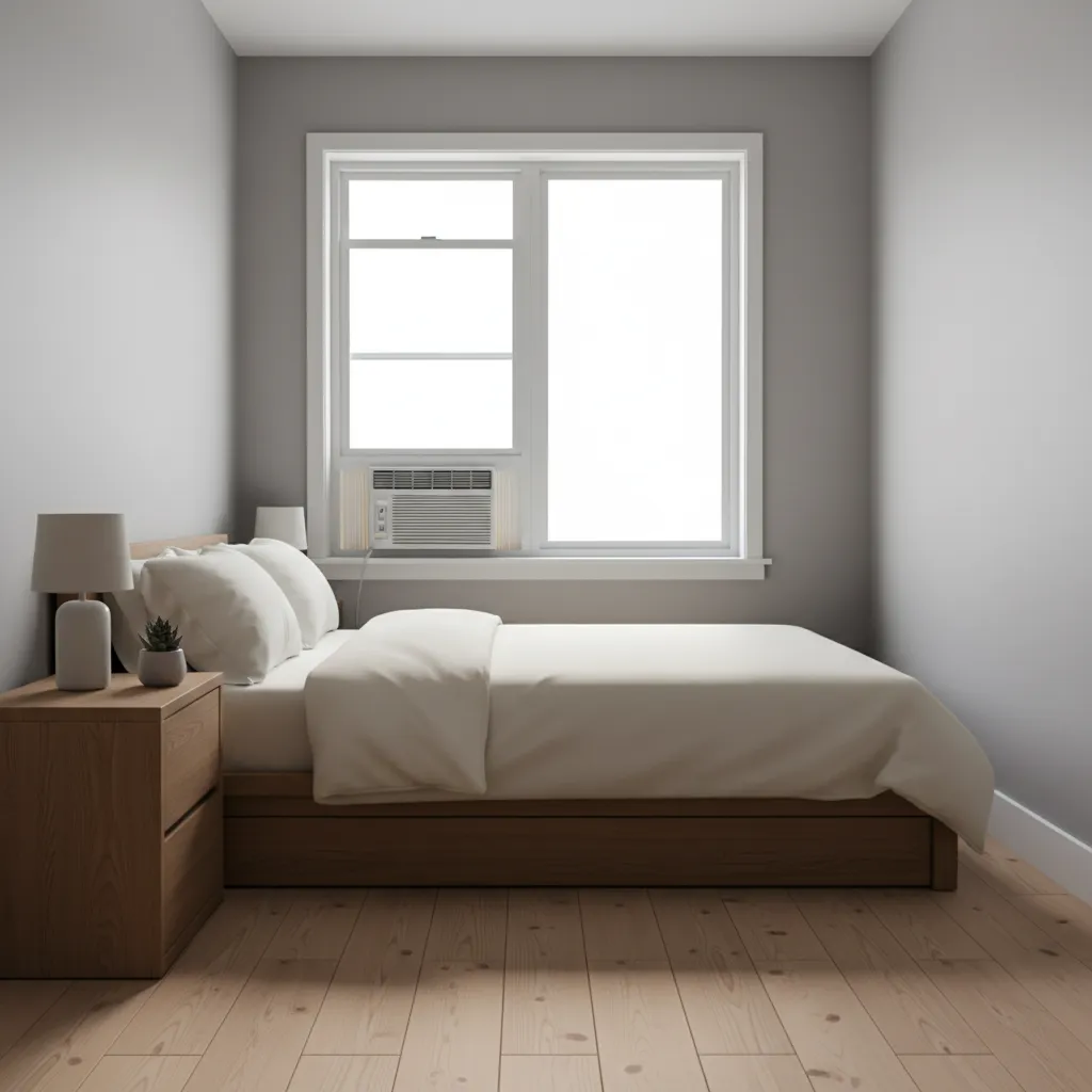 Window air conditioner installed in a small bedroom cooling the room