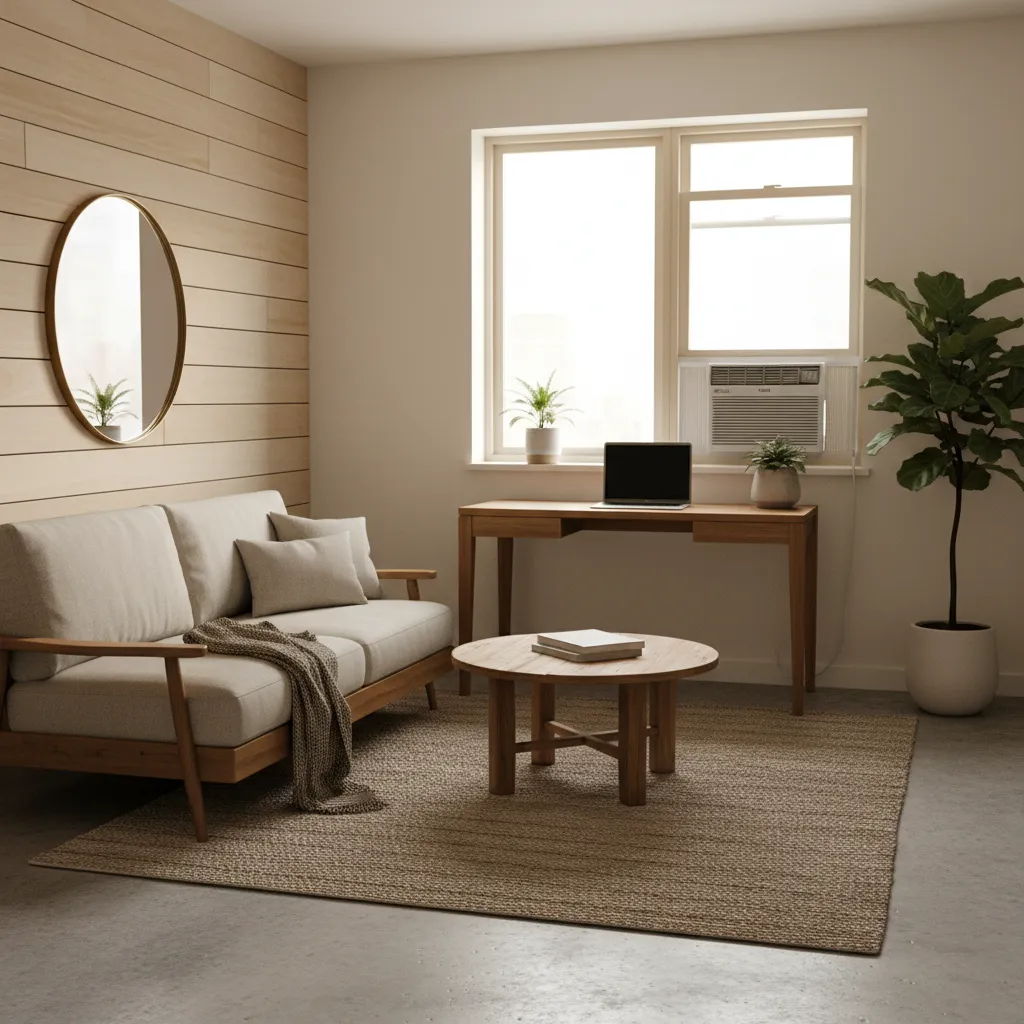 window air conditioner installed in a small apartment window above desk area
