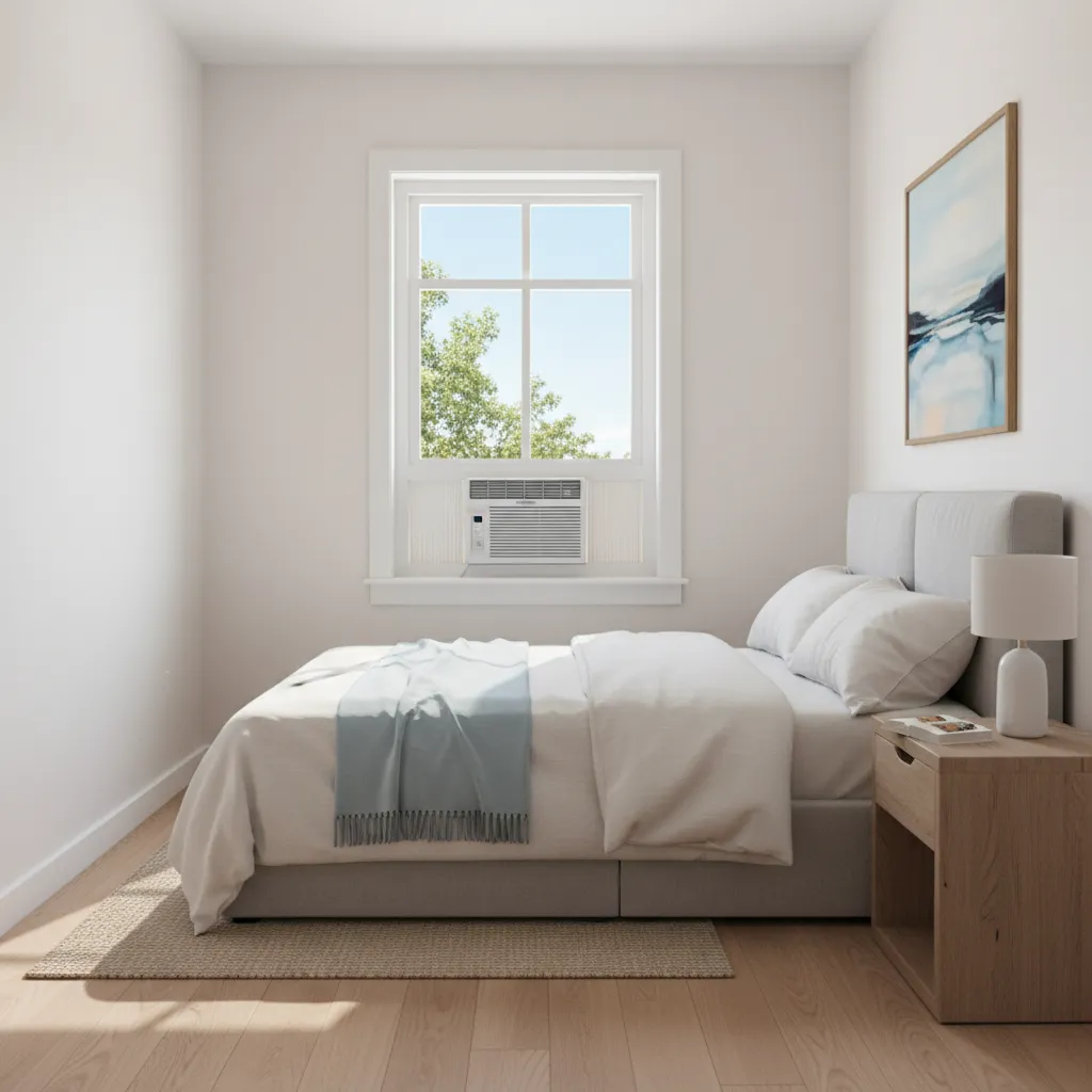 Window air conditioner installed in bedroom window cooling a small space