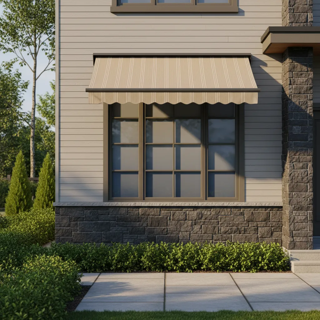 house window with exterior fabric awning casting shade over glass