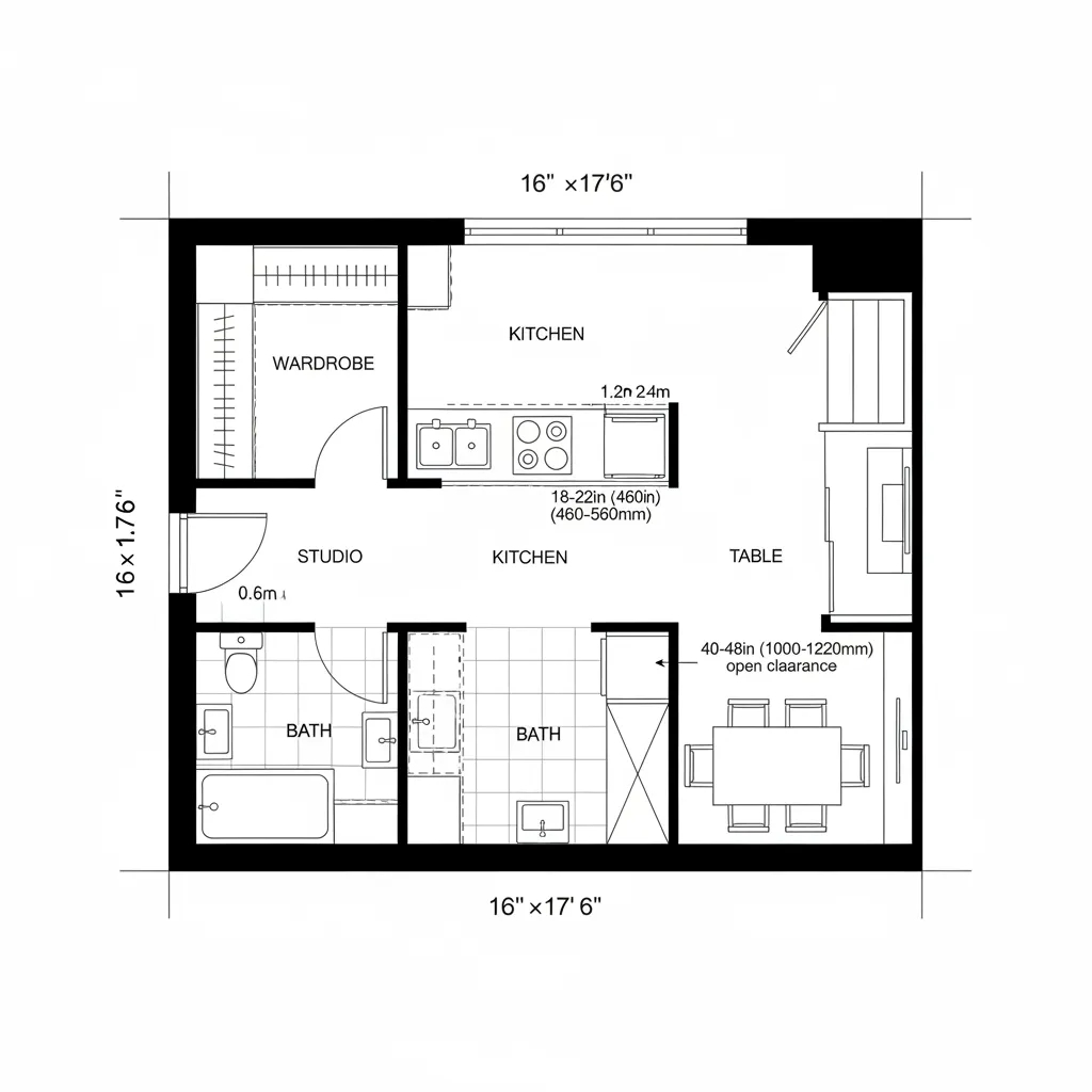 Top-down plan with consolidated wet core and clear runway to a wide window bay