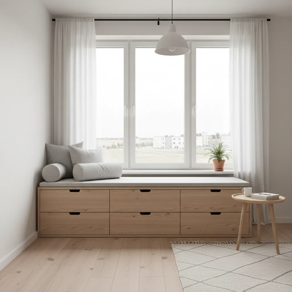 Window bench with hidden storage drawers in a small apartment