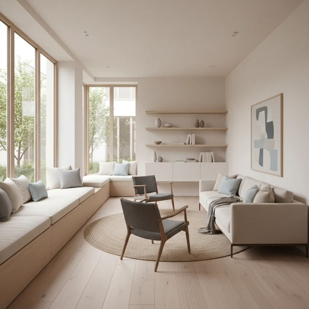 built in window bench adding seating in narrow living room