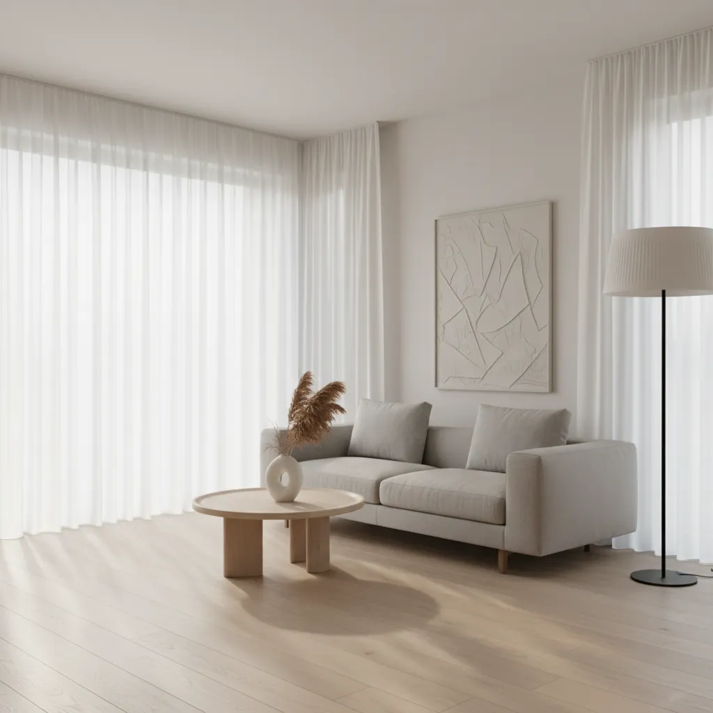 Ventanal amplio con cortinas translúcidas en un salón luminoso