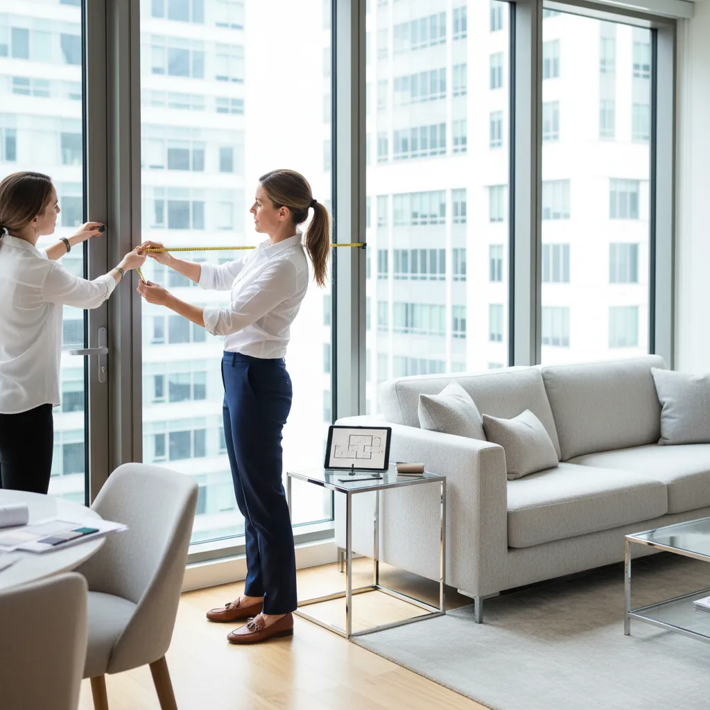 Two women use yellow tape to measure large windows in a bright and modern room
