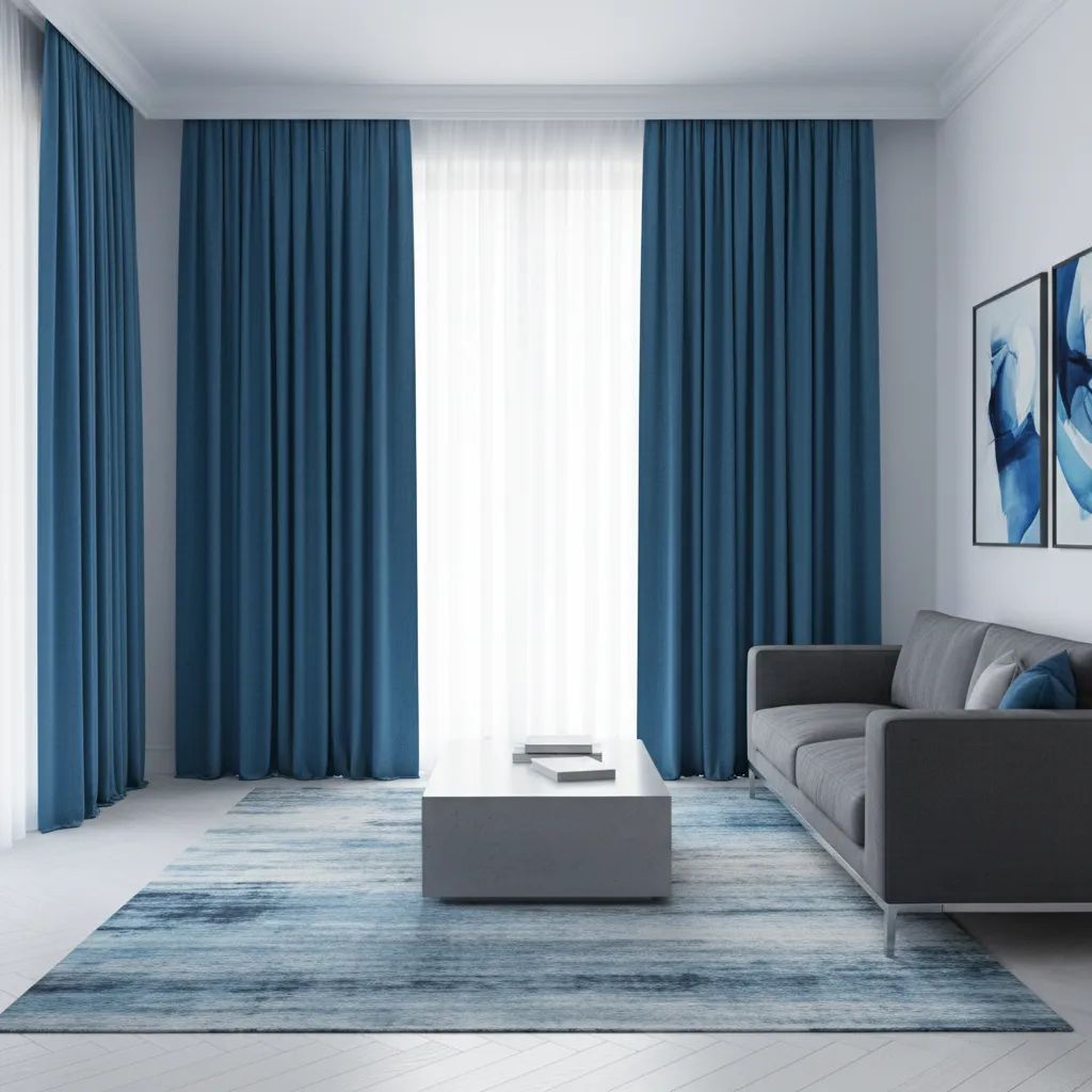 Blue living room showing properly sized floor to ceiling curtains