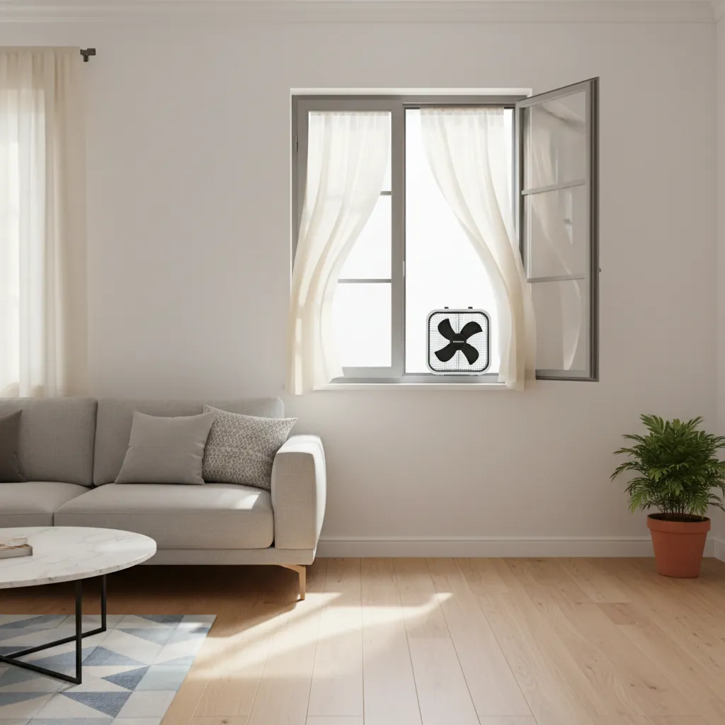 box fan placed in window pushing air outside to remove paint fumes