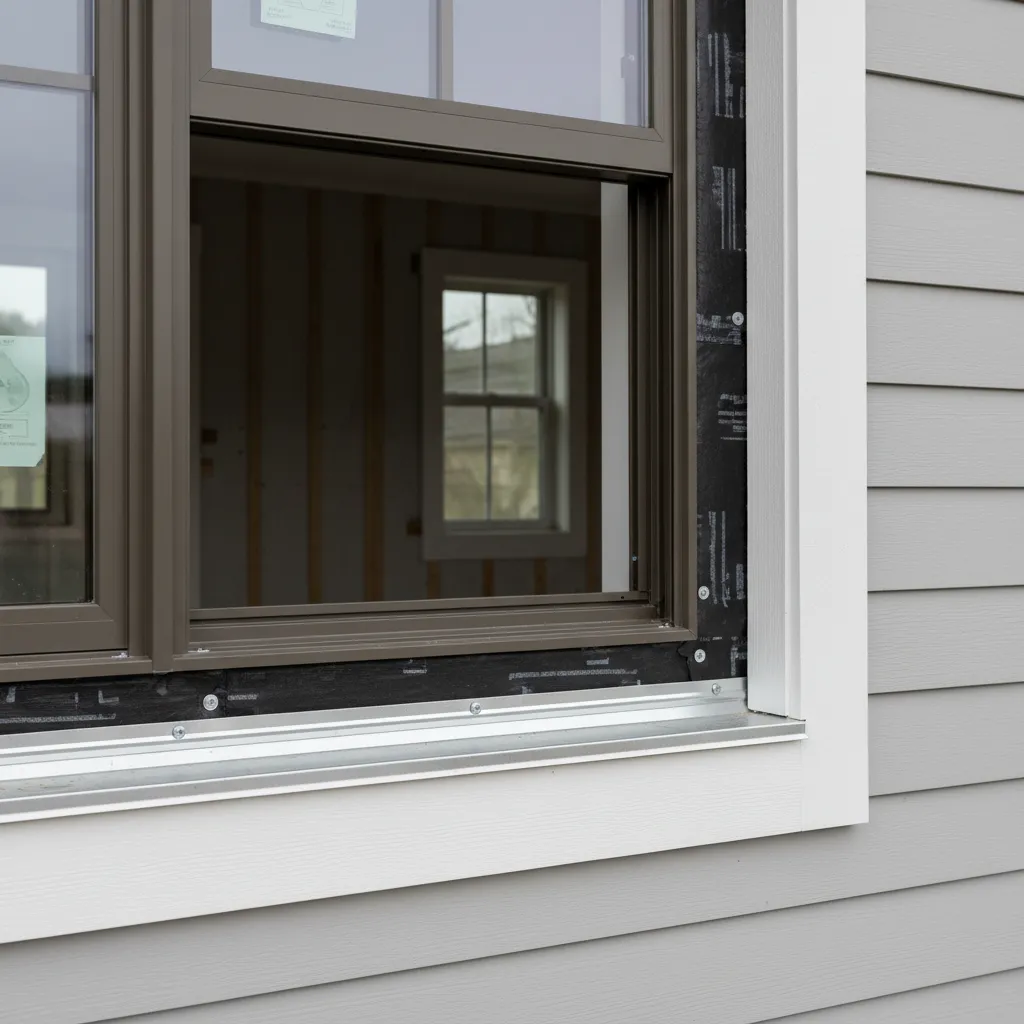 Exterior flashing and sealing detail around a kitchen pass through window