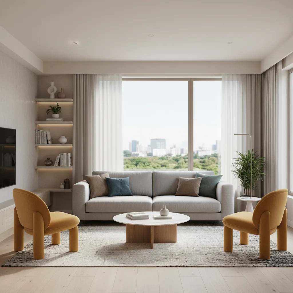 Small living room seating arranged around large window for natural light