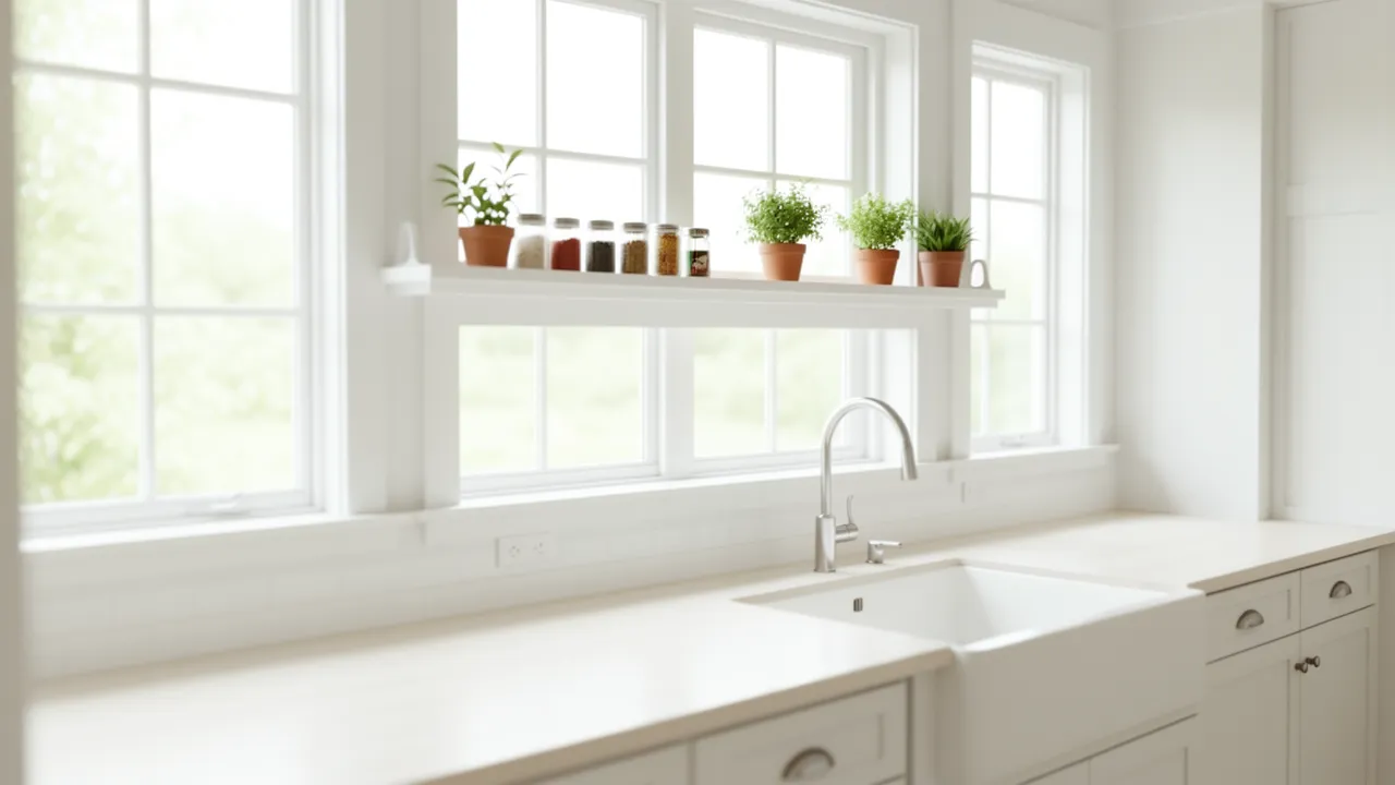 Kitchen window frame with built in narrow shelf for herbs