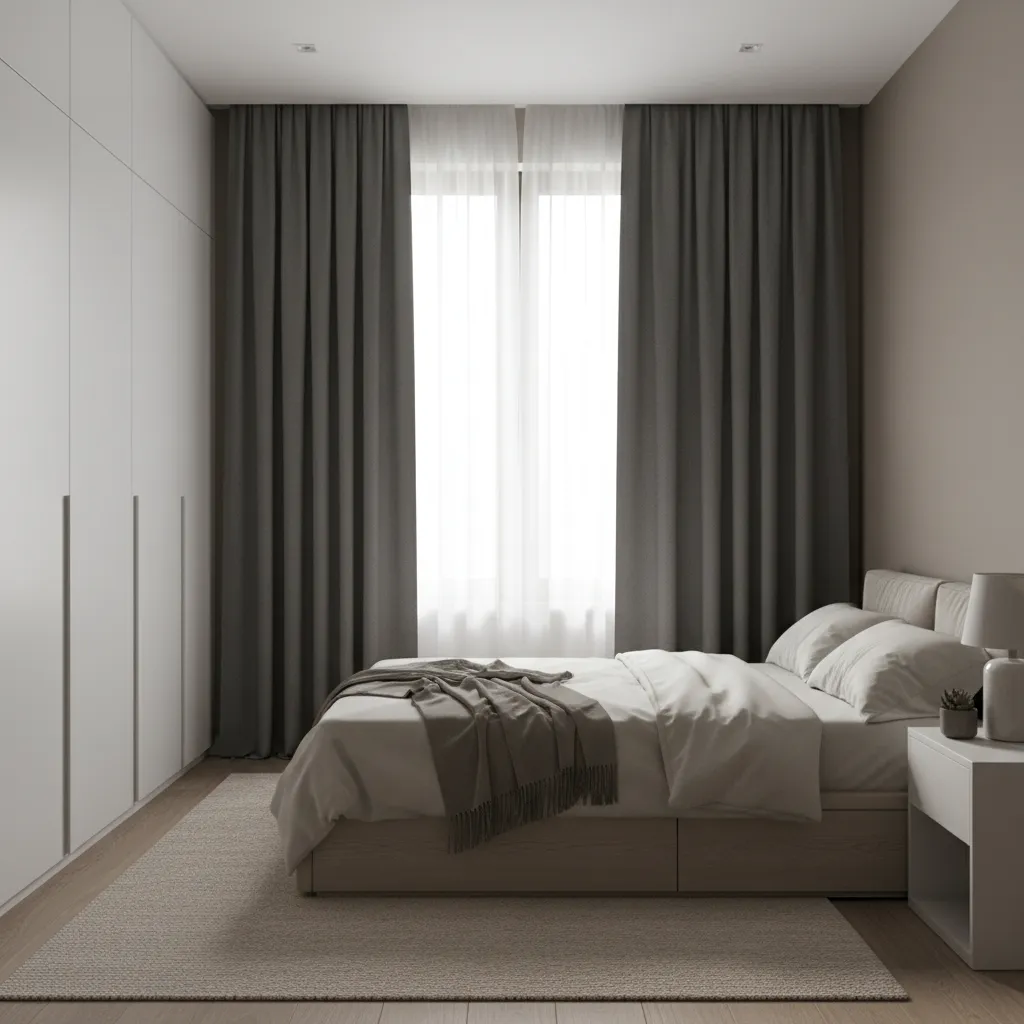 Thermal blackout curtains blocking sunlight in a small bedroom window